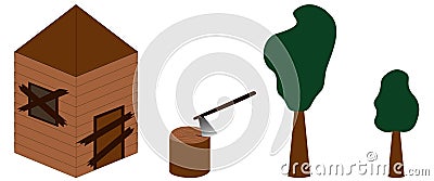 Old abandoned house. Stump with ax. Different size trees Vector Illustration