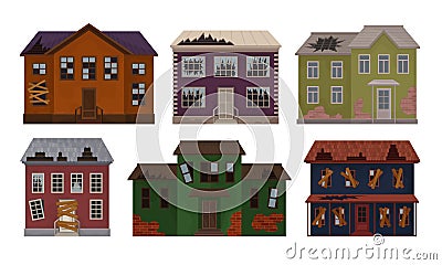 Old Abandoned Houses Collection, Facades of Cottages with Broken Windows and Roof Vector Illustration Vector Illustration