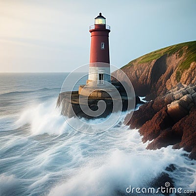 An old, abandoned lighthouse on a rocky coastline Stock Photo