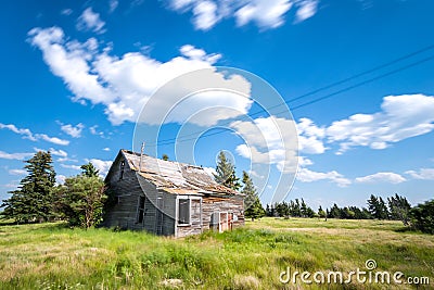 Old abandoned prairie farmhouse surrounded by trees, tall grass and blue sky Stock Photo