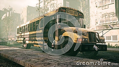 An old abandoned rusty school bus stands in the middle of the road in a deserted city. The image for historical, retro Stock Photo