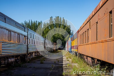 Old abandoned trains at a depot Stock Photo