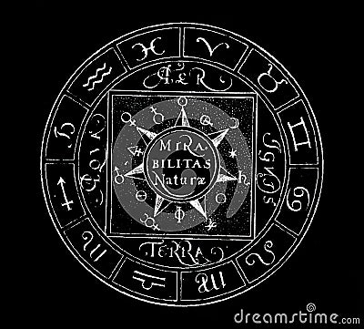 Old abstract image of astrological signs horoscope design black on white in grunge style Editorial Stock Photo