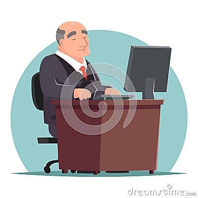 Old Adult Businessman Work Computer Table Character Icon Retro Cartoon Vector Illustration