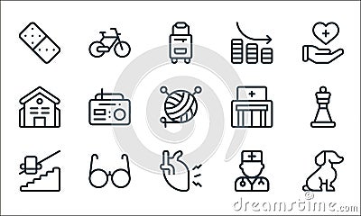 old age line icons. linear set. quality vector line set such as dog, heart attack, staircase, doctor, glasses, home, hospital, Vector Illustration