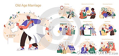 Old age marriage set. Excited senior couple. Elderly people dating and building Vector Illustration
