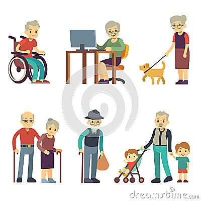 Old age people in different situations. Senior man and woman activities vector set Vector Illustration