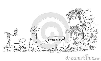 Old Age Senior Worker Walking to Retirement Leaving Life in Paradise for Life in Desert, Vector Cartoon Stick Figure Vector Illustration