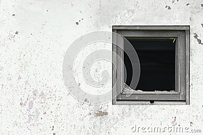 Old aged rusted grey white shack hut wall paint, broken window glass wooden frame, weathered grungy rusty steel dirty gray painted Stock Photo