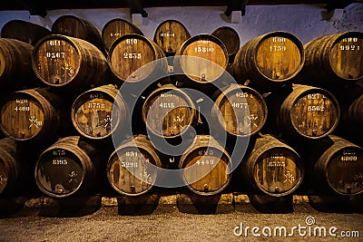 Old aged traditional wooden barrels with wine in a vault lined up in cool and dark cellar in Italy, Porto, Portugal, France Stock Photo