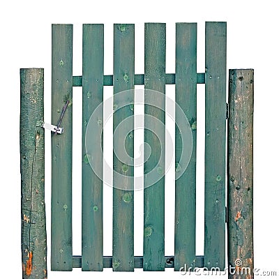 Old aged weathered green painted wooden gate, isolated rural garden fence entrance detail, large detailed abandoned countryside Stock Photo