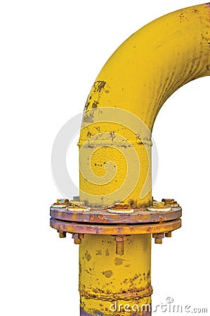 Old aged weathered grunge gas pipe connection flange joints, large detailed vertical isolated yellow pipeline closeup Stock Photo