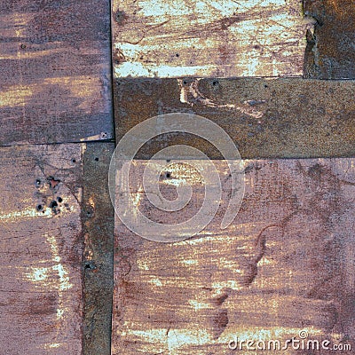 Old aged weathered rusty corroded coat iron sheets texture pattern, multiple horizontal rusted corroding grunge metal patch plates Stock Photo