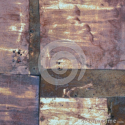 Old aged weathered rusty corroded coat iron sheets texture pattern, multiple horizontal rusted corroding grunge metal patch plates Stock Photo