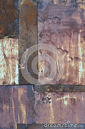 Old aged weathered rusty corroded coat iron sheets texture pattern, multiple vertical rusted corroding grunge metal patch plates Stock Photo