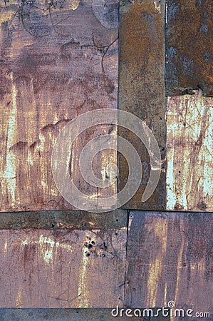 Old aged weathered rusty corroded coat iron sheets texture pattern, multiple vertical rusted corroding grunge metal patch plates, Stock Photo