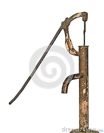 Old aged weathered rusty retro hand water pump, isolated vertical closeup, rust grunge metal, grungy yellow, brown Stock Photo