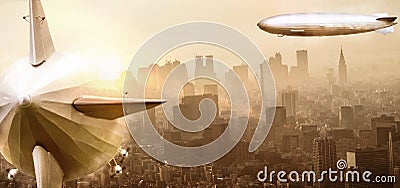 Old airships over the city Stock Photo
