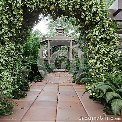 Old alcove view with tropical garden after rain concept photo background Stock Photo