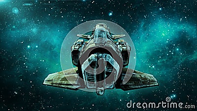 Old alien spaceship in deep space, dirty spacecraft flying in the Universe with stars in the background, UFO back view, 3D render Stock Photo