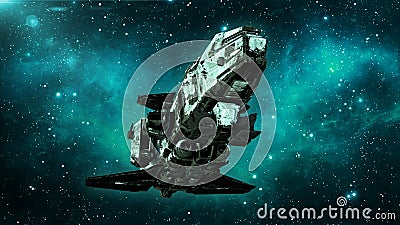 Old alien spaceship in deep space, dirty spacecraft flying in the Universe with stars in background, UFO bottom view, 3D render Stock Photo