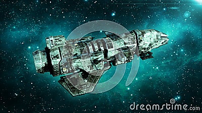 Old alien spaceship in deep space, dirty spacecraft flying in the Universe with stars in the background, UFO top view, 3D render Stock Photo