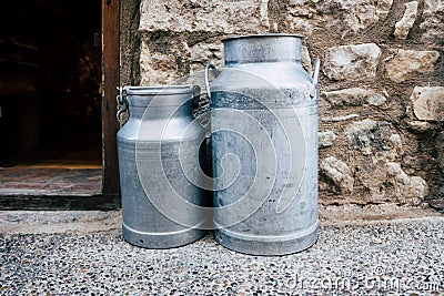 Old aluminum containers for storing milk Stock Photo