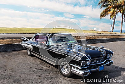 Old american retro-mobile, black vintage car, enormous big. Editorial Stock Photo