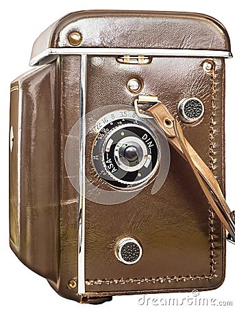 Old Analog Twin Lens Reflex Camera In Brown Leather Case Isolated On White Background Stock Photo