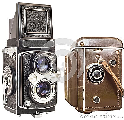 Old Analog Twin Lens Reflex Camera Without And in Brown Leather Casing Isolated On White Background Stock Photo