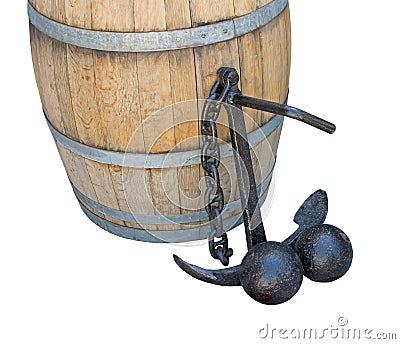 Old Anchor, barrel and cannonballs Stock Photo