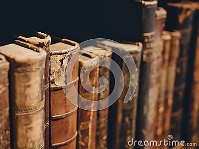 Old ancient Books on Bookshelf History Vintage collection Stock Photo