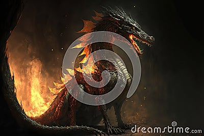 Old ancient fire dragon, glowing eyes, thick scales, dragon mouth with big sharp teeth. Fantastic creature close-up in cave Stock Photo