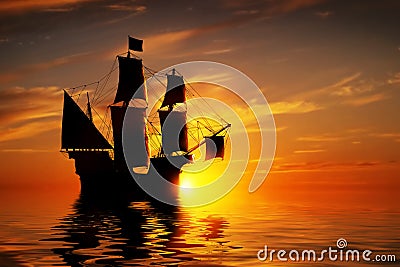 Old ancient pirate ship on peaceful ocean at sunset. Stock Photo