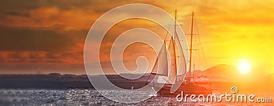 Old ancient ship on peaceful ocean at sunset. Calm waves reflection, sun setting. Copy space Stock Photo