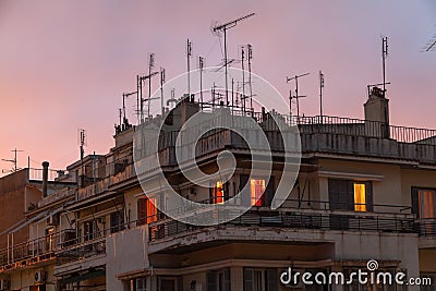 Old antennas on old house Stock Photo