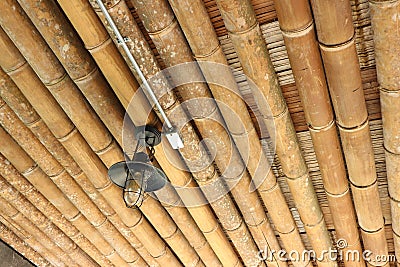 Old antique lamps, wooden background Stock Photo