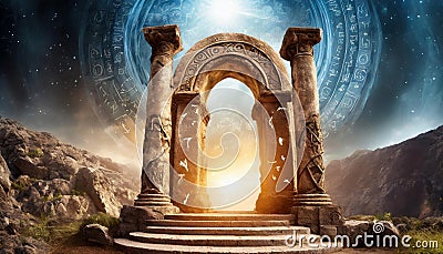 Old arch with pillars, portal to another world, magical place. Ancient runes. Natural landscape Stock Photo