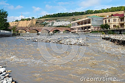 Old arched brick bridge in the Guba city, built in 1894 Stock Photo