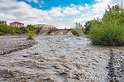 Old arched brick bridge in the Guba city, built in 1894, Azerbaijan travel Stock Photo