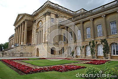 Old architecture with a pediment, columns, & balustrade Stock Photo