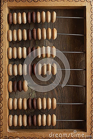 Old arithmetic abacus on the desk top view background with copy space. Stock Photo