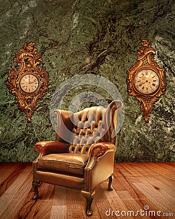 Old Armchair and Old Clocks Stock Photo