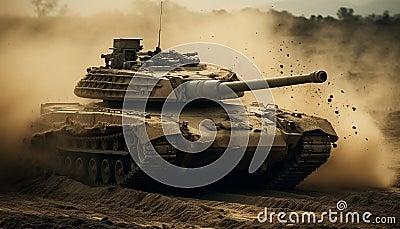 Old armored tank rolls through battlefield dust generated by AI Stock Photo