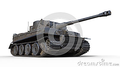Old army tank, vintage armored military vehicle with gun and turret on white background, bottom view, 3D render Stock Photo