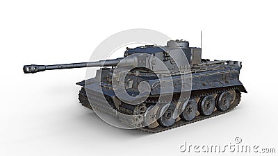 Old army tank, vintage armored military vehicle with gun and turret on white background, 3D render Stock Photo