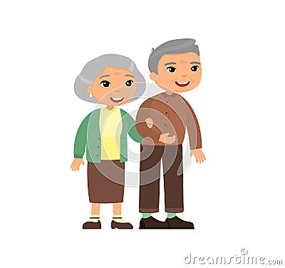 Old asian couple. Senior couple smiling and walking together. Vector Illustration