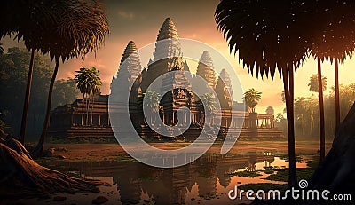 Old Asian temple at sunset, ancient oriental architecture, generative AI Stock Photo