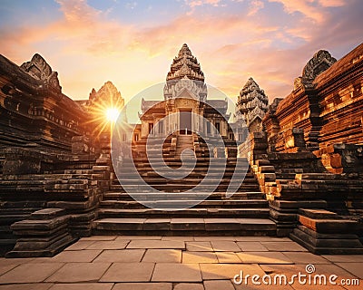 The Old Asian temple is at sunset. Stock Photo