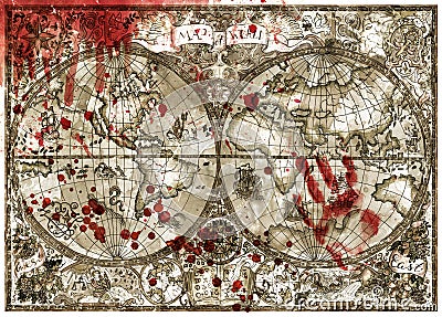 Old atlas map of world with bloody hand print and drops Stock Photo
